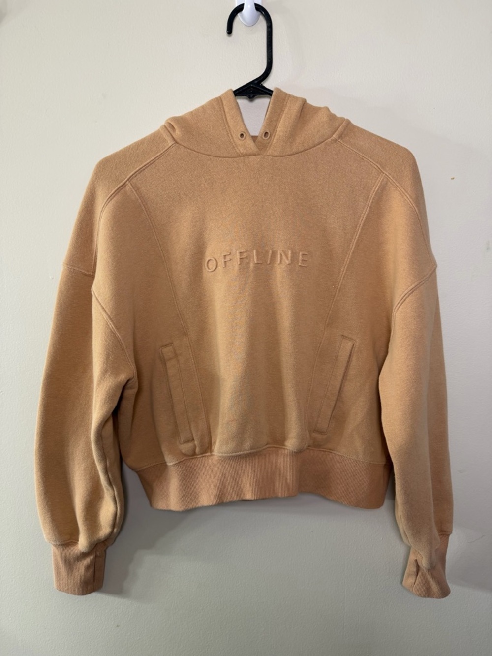 OFFLINE by Aerie Cropped Hoodie Tan Embossed Logo Cozy Sweatshirt XS